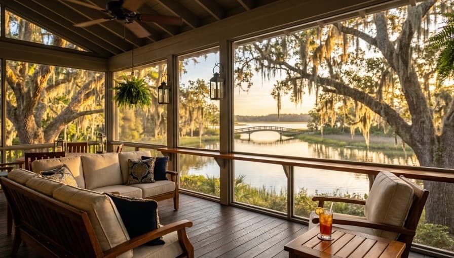 Screened porch overlooking Lowcountry water at sunset